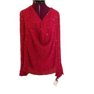 Marina Silk Sparkly Beaded Holiday Party Cowl Neck Bell Sleeve Red Top 3X Luxe